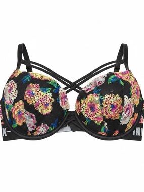 Victoria's Secret “PINK” Black Neon Lace Floral Date Night Push Up Bra 34D